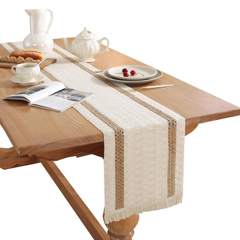 Yiran Furniture Tischläufer aus Baumwolle und Leinen in Beige mit Streifen und Quasten, B/H: 30 x 120 cm - Bild 3