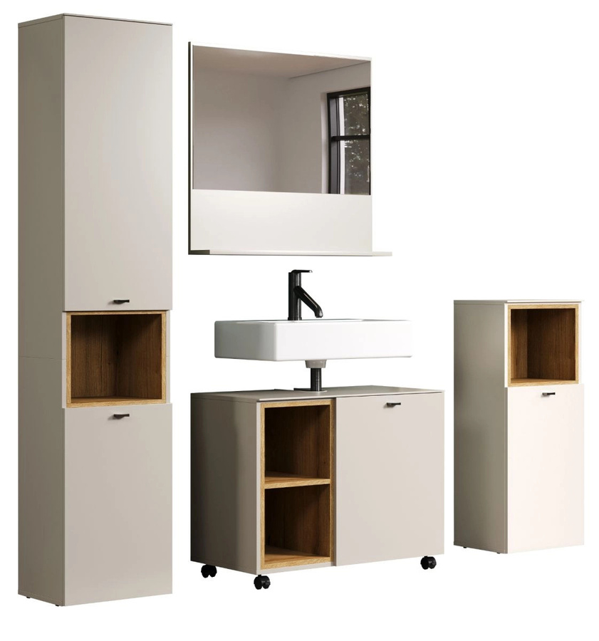 4-teiliges Badmöbel Set Jardins in Sand und Eiche mit Waschtischunterschrank, Spiegelschrank, Hochschrank und Seitenschrank, modern und matt - Bild 3