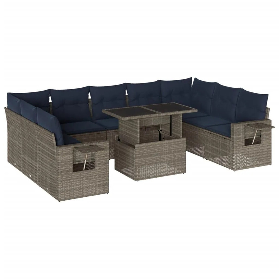 vidaXL 10-tlg. Gartensofa-Set in U-Form mit Polyrattan und Kissen, Grau/Blau - Bild 2