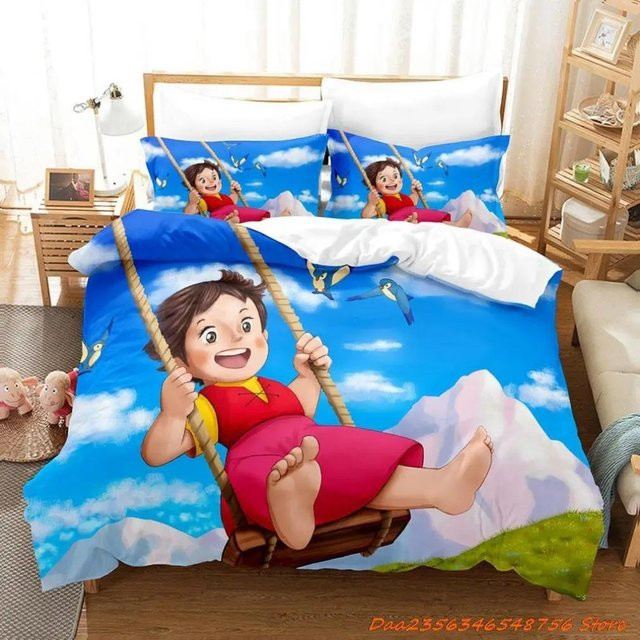 Alpen Heidi Bettwäsche Set mit lustigem Cartoon Druck für Kinder in Blau, bestehend aus Bettbezug und Kissenbezug, B/H: 135 x 200 cm - Bild 1