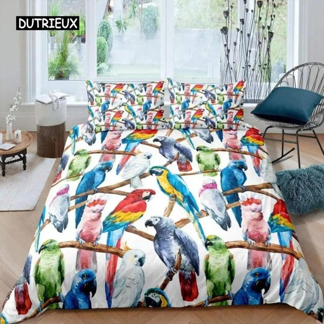 Bettbezug Set mit Papagei und Palmenblättern in Schwarz Weiß und Grün, Polyester, B/H: 172 x 218 cm - Bild 1