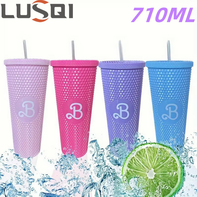 LUSQI Trinkbecher mit Durian-Muster in Pink, auslaufsicherer Tumbler mit Strohhalm, 710 ml - Bild 1