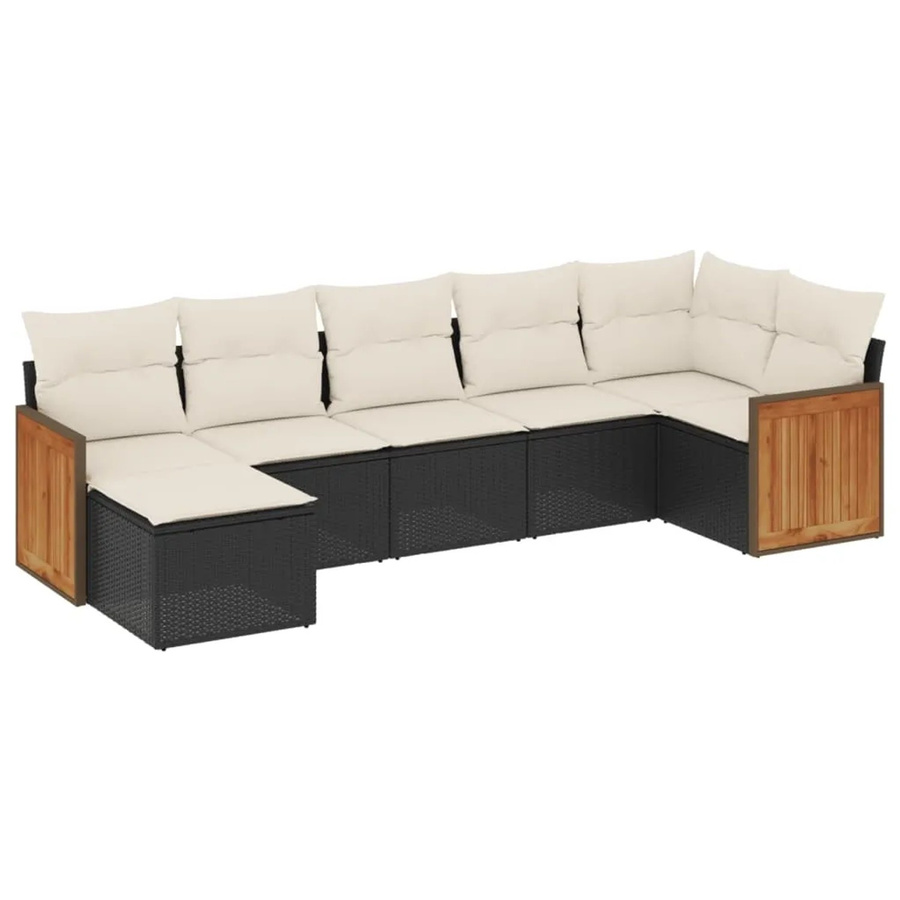 vidaXL 7-teilige Garten-Sofagarnitur in L-Form aus Poly-Rattan und Akazienholz mit Kissen in Schwarz-Creme - Bild 2