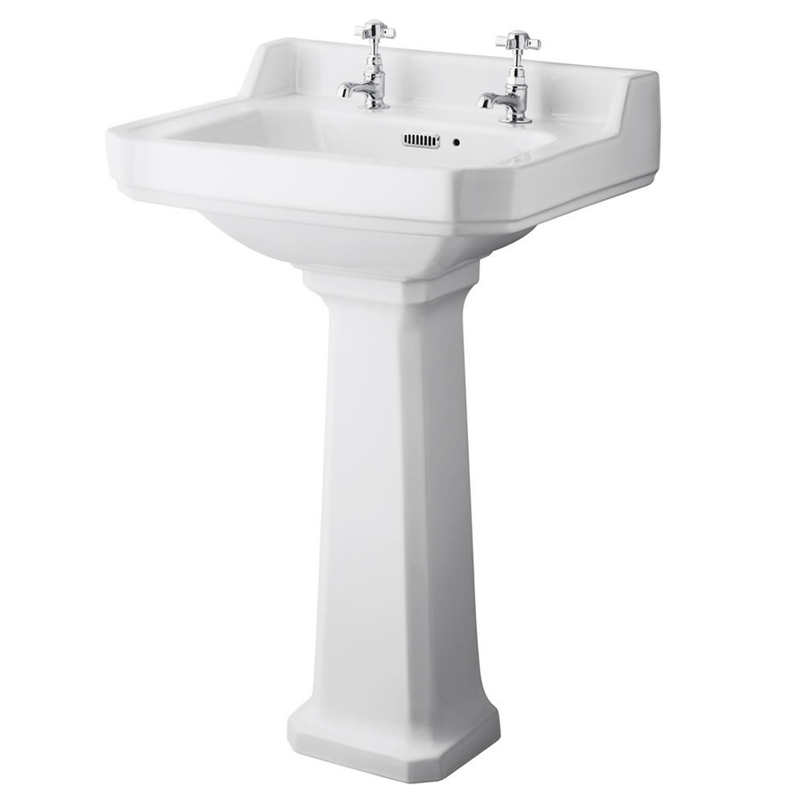 Retro-Standwaschbecken Hudson Reed Richmond in Weiß, Keramik, mit 2 Hahnlöchern und Überlauf, B: 56,0 cm, T: 45,0 cm, H: 90,5 cm - Bild 1
