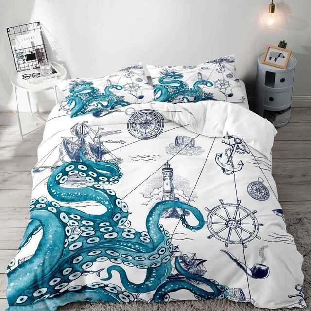 Flylo Bettwäsche-Set Retro Piraten Design mit Totenkopf und Oktopus, Weiß, B/H: 180 x 210 cm - Bild 1