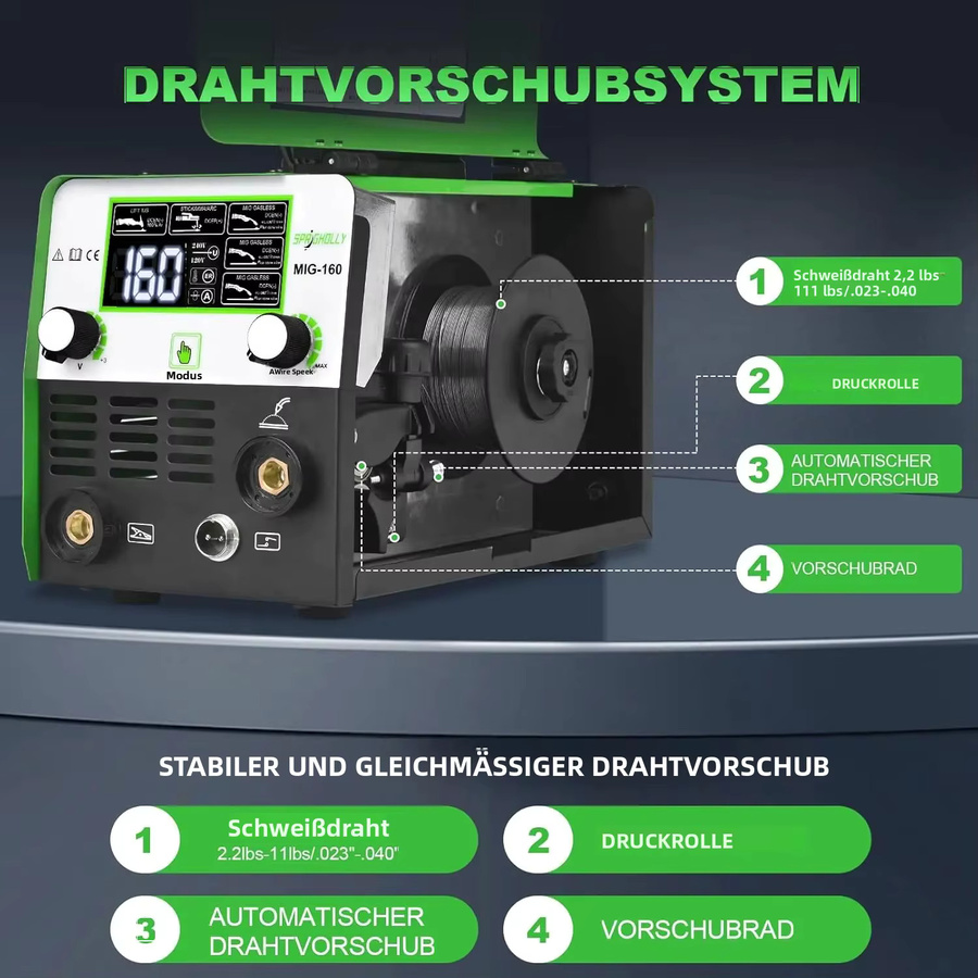 SPRIGHOLLY 3-in-1 Multiprozess MIG-Schweißgerät 160 Ampere, 230V, Gaslos MIG, Lift-TIG und Elektrodenschweißen mit LED-Anzeige, Upgrade Spr-Mig160 - Bild 5