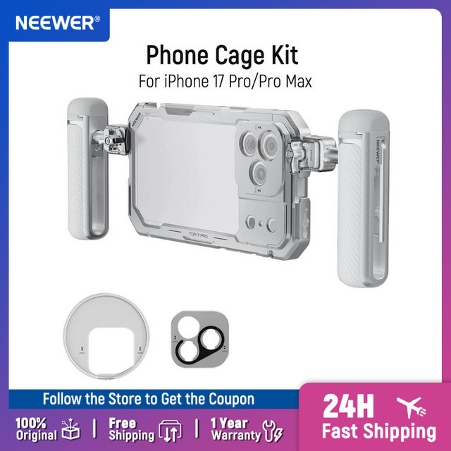 NEEWER Phone Cage Kit für iPhone 17 Pro und iPhone 17 Pro Max in Silber mit 67mm Filterring und 17mm Objektiv-Rückplatte - Bild 1