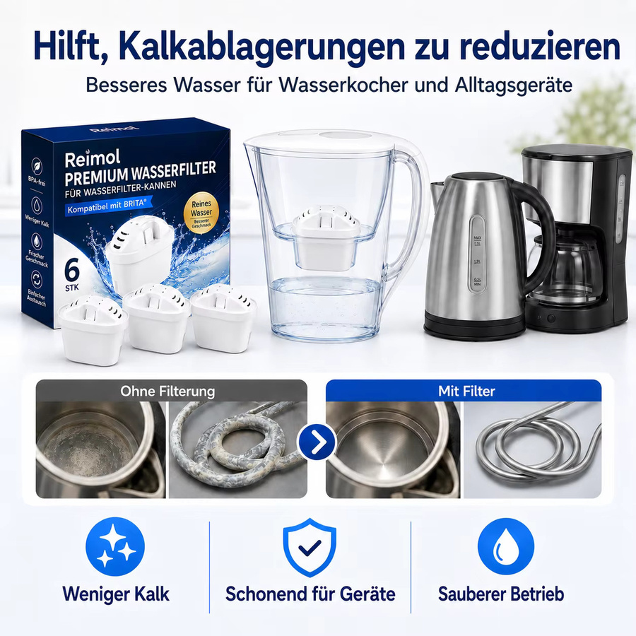 Reimol 6 Wasserfilterkartuschen in Weiß zur Reduzierung von Kalk, Chlor und Verunreinigungen mit Aktivkohlefilter passend für Brita Maxtra Pro Kannen - Bild 4