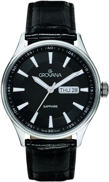 Grovana Herrenuhr, Lederarmband, Quarz, Schwarz, Edelstahl - Bild 1