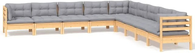 vidaXL 9-teiliges Garten-Lounge-Set aus massivem Kiefernholz in Braun-Grau mit grauen Polstern - Bild 1
