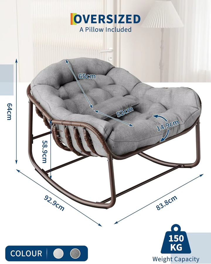 HiMISS Übergroßer Papasan Egg Schaukelstuhl aus Rattan mit Metallrahmen und Kissen in Grau - Bild 5