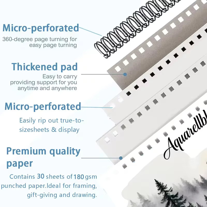Spiralgebundener Aquarellblock für Anfänger mit Motiv Nebelwald, A5, 180g/m², säurefreies kaltgepresstes Aquarellpapier in Weiß - Bild 3