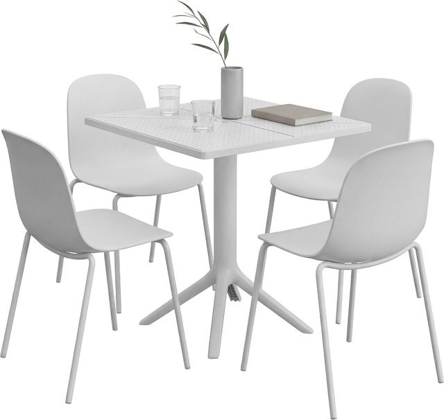 CLP Gartenmöbel-Set Nerra in Weiß, 5-teilige Sitzgruppe mit 4 Stapelstühlen und quadratischem Gartentisch, wetterfest und modern - Bild 1