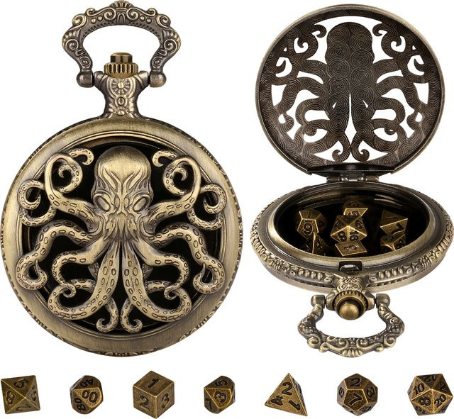 YISUYA Mini DND Würfelset, Oktopus Taschenuhr Shell Case, 7-teiliges Set, Metall, Zubehör - Bild 1