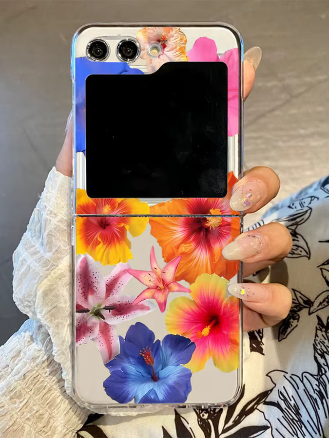 Samsung Galaxy Z Flip6 Z Flip5 Z Flip4 Z Flip3 und Z Flip7 FE Handyhülle mit bunten Blumen in transparentem Design aus hartem PC-Material - Bild 2