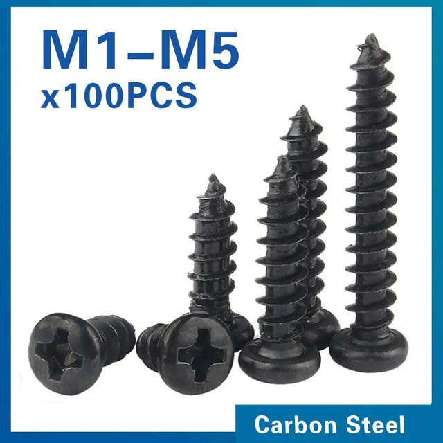 XMSJ Selbstschneidende Phillips Schrauben mit Rundkopf aus Stahl in Schwarz, 100er Set - Bild 1