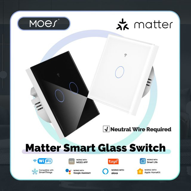 MOES Tuya Matter WiFi Smart Lichtschalter aus Glas mit Touch Control in Weiß, kompatibel mit Alexa, Google Home und Apple HomeKit, erfordert Neutralleiter - Bild 1
