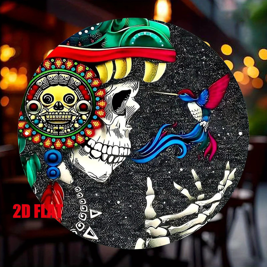 Potdemiel Rundes Metallschild Tag der Toten mit buntem Totenkopf und Federmosaik, Durchmesser: 20 cm, Mehrfarbig - Bild 3