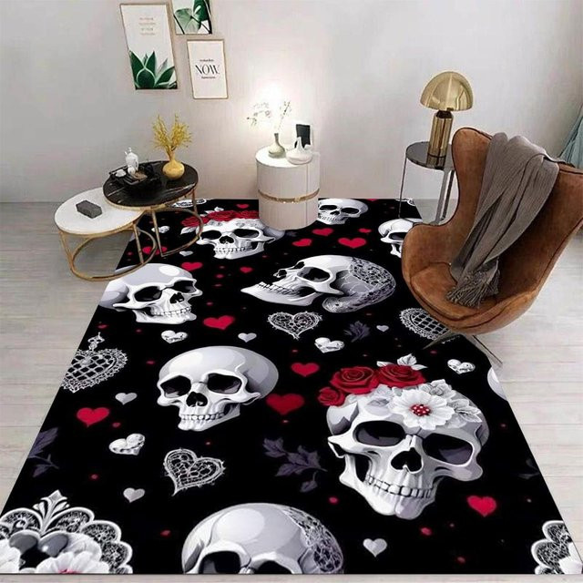Flauschiger Teppich mit Rose-Totenkopf-Aufdruck von Wucifang Jewelry in Pink und Multicolour, B/T: 80 x 50 cm - Bild 1