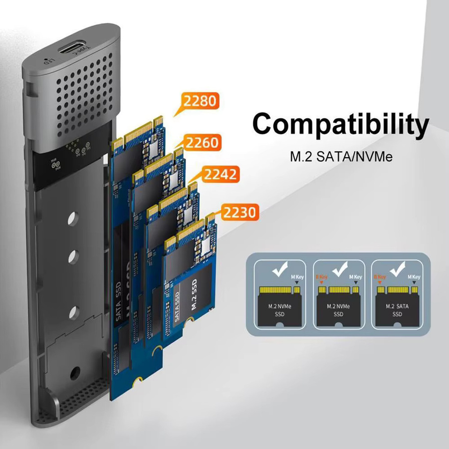 MAIWO M.2 NVMe SATA SSD-Gehäuseadapter in Grau, 10 Gbit/s PCIe Typ-C, Aluminium-Gehäuse für M-Key und B&M-Key, werkzeuglos - Bild 2