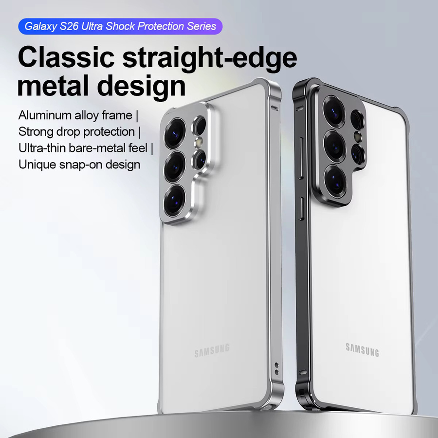 Ultradünne Stoßstangenhülle aus Aluminiumlegierung mit Linsenschutz für Samsung Galaxy S26 Ultra und S26 Plus in Silber - Bild 1