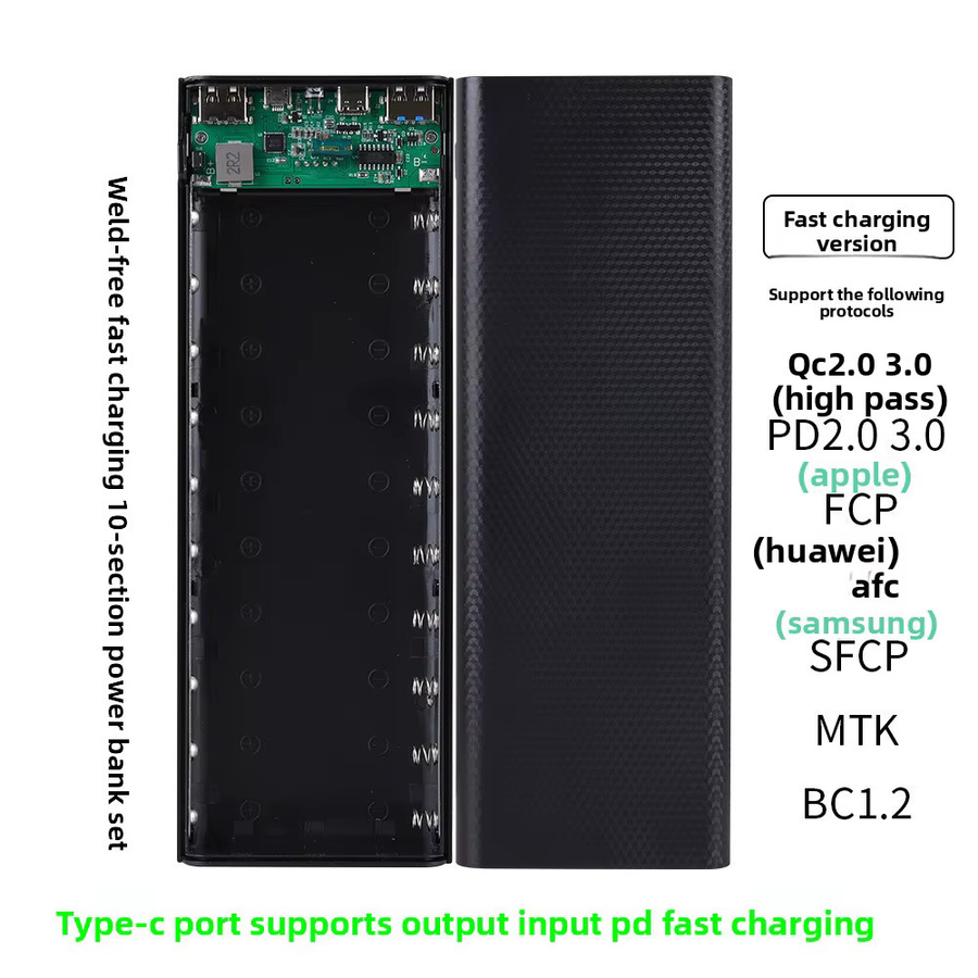 Jiansu DIY Power Bank Gehäuse für 10x 18650 Batterien mit 22,5 W Schnellladung, USB-C und Micro-USB Eingang, Schwarz oder Blau - Bild 3