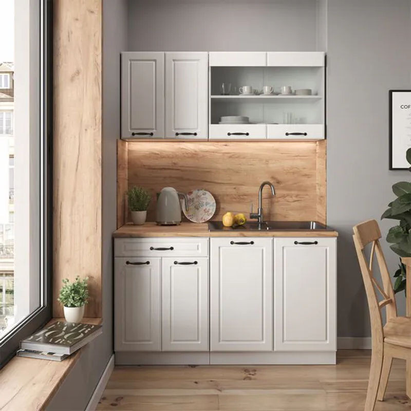 Vicco Singleküche R-line Küchenzeile in Weiß Landhaus-Design mit Apfelmarmor-Optik, Breite: 140 cm - Bild 1