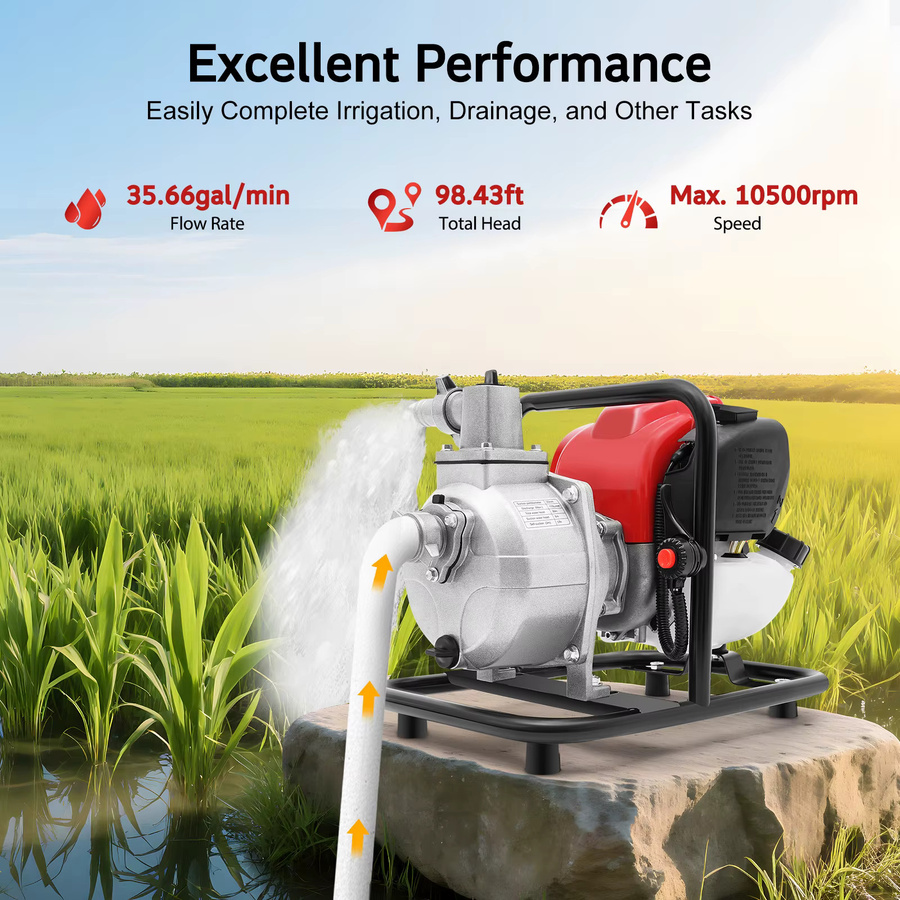 Benzin-Wasserpumpe 4-Takt in Rot aus Kohlenstoffstahl und Aluminiumlegierung mit 1,2 kW, 38 cm³ Hubraum und 35,66 Gal/min Durchflussrate - Bild 3