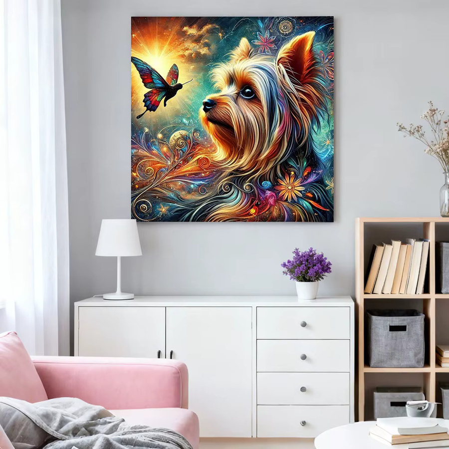 HUACAN 5D Diamant Mosaik Set mit Hund und Schmetterling, Rundes Stickerei Wandbild in Mehrfarbig mit Vollplatz-Bohrern - Bild 3