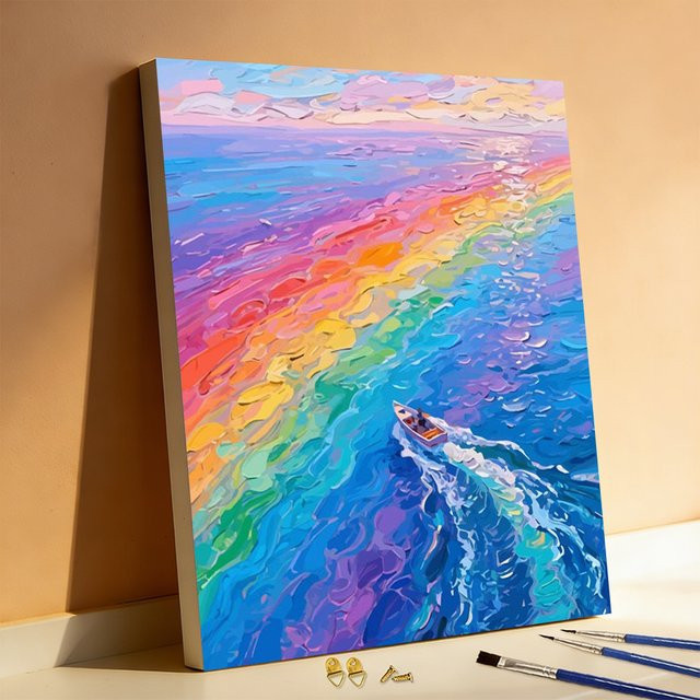 Huacan Malen nach Zahlen Set Regenbogen-Ozean mit Boot und Landschaft als DIY digitales Ölgemälde in Multicolor zur Wanddekoration - Bild 1