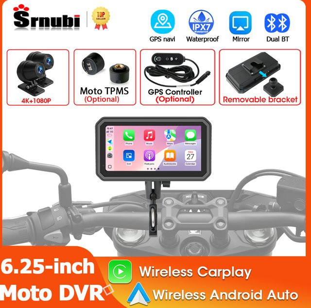 Srnubi Motorrad DVR Navigator mit 6,25 Zoll Display, 4K Frontkamera und 1080P Rückkamera, kabelloses CarPlay und Android Auto mit Moto TPMS, Schwarz - Bild 1