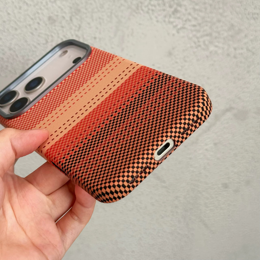 JINHR Stoßfeste Handyhülle aus Aramidfaser für iPhone 13 14 15 16 17 Pro Max Plus in Orange und Multicolour, ultradünne und robuste Schutzhülle im Kohlefaser-Design - Bild 3
