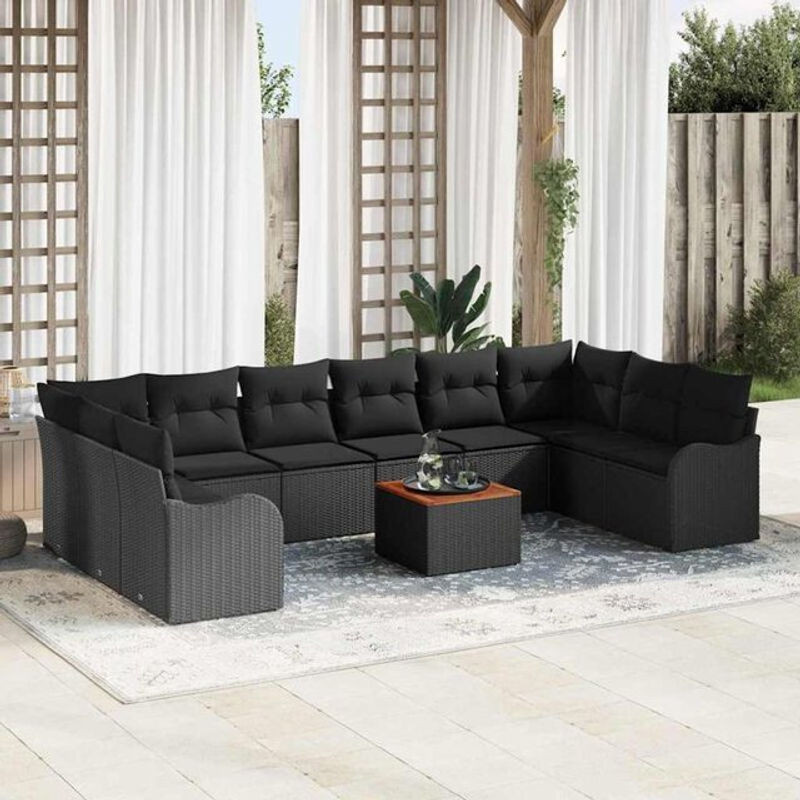 Vidaxl Garten-Sofa-Set aus 11 Teilen in Schwarz, modernes Polyrattan-Loungemöbel-Set mit Akazienholz und Stahl - Bild 1