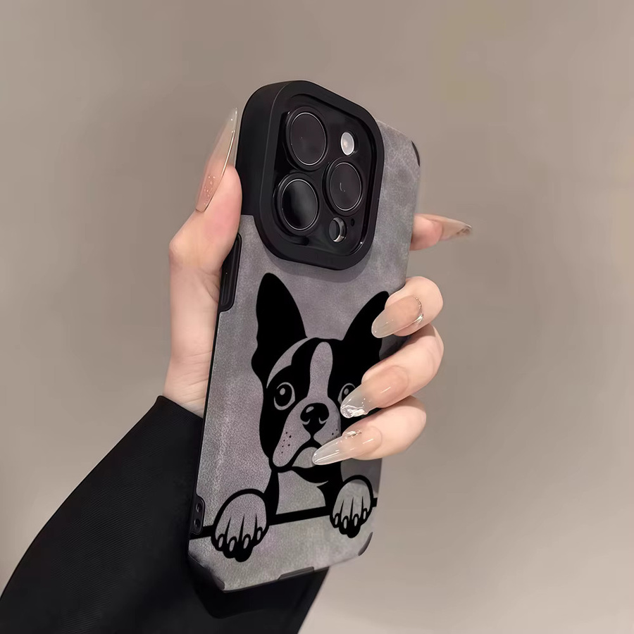 Potdemiel Leder-Lammfell-Handyhülle mit Boston Terrier Motiv für iPhone 17 16 Pro Max 15 14 13 Max in Schwarz oder Grau - Bild 2