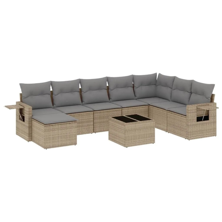 vidaXL 9-tlg. Garten-Sofagarnitur in L-Form aus Poly-Rattan in Beige-Grau mit Kissen und Armlehnen - Bild 2