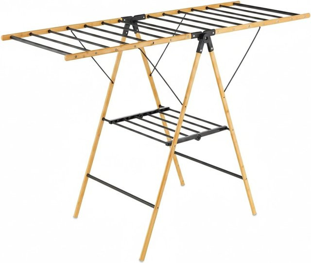 Relaxdays Wäscheständer aus Bambus in Schwarz, klappbar mit Flügeln, B/T/H: 100 x 56 x 148 cm - Bild 1