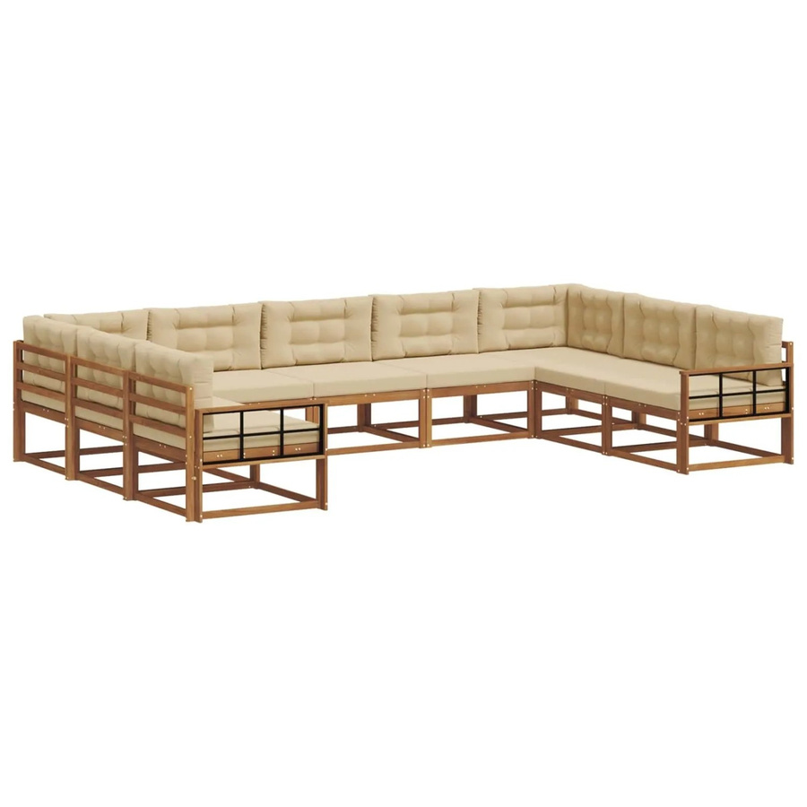 vidaXL Outdoor-Sofagarnitur 9-teilig in U-Form aus Akazienholz mit Kissen in Natur und Beige - Bild 2
