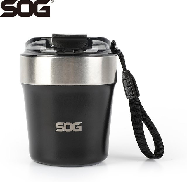 SOG Vakuum-Reisewasserflasche und Kaffeetasse aus Edelstahl mit Lanyard, schwarz, 240 ml - Bild 1