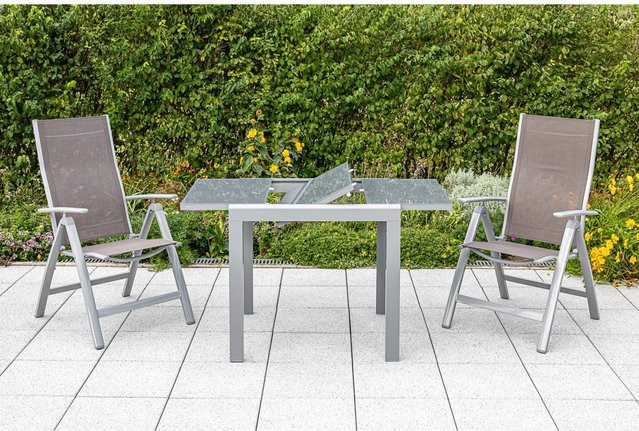 Merxx Carrara Gartenmöbelset 3-teilig mit Auszieh-Gartentisch und 2 Klappsesseln in Taupe - Bild 1