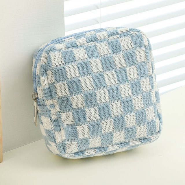 NATAWA Mini-Kosmetiktasche, gestricktes Schachbrett-Design, blau, Damen - Bild 1