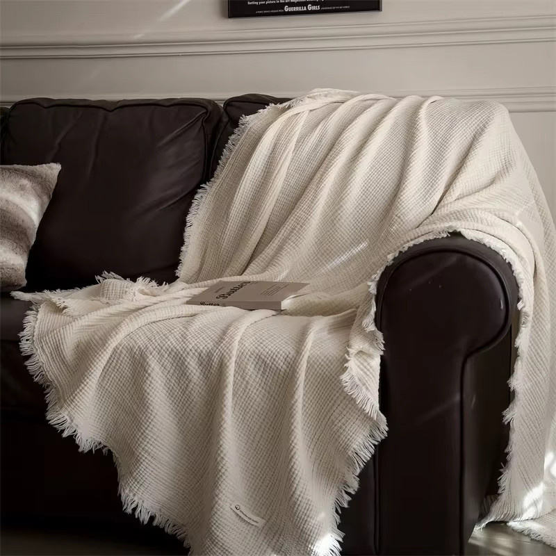 Y Home Quasten-Dekor Überwurfdecke aus 100 % Baumwolle, grob gestrickte Gaze-Decke mit Fransen, Beige oder Weiß - Bild 2