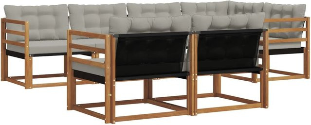 vidaXL Outdoor-Sofagarnitur 7-teilig aus Akazienholz in L-Form mit Textilene-Elementen und Kissen, Farben: Braun, Grau und Beige - Bild 1