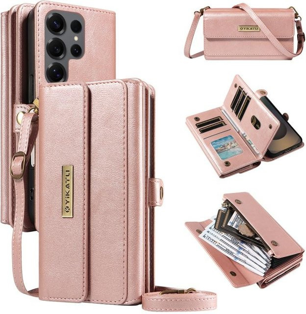 Lanyard Handyhülle aus Leder mit Multi-Kartenfach und Reißverschluss Geldbörse für Samsung Galaxy S25 Edge S24 Ultra S23 Plus S22 S21 S20 S10 Note 20 10 in Schwarz, Lila, Grün, Pink und Rot - Bild 1