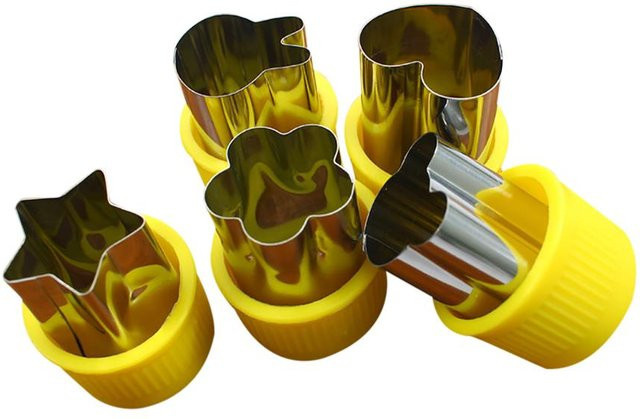5-teiliges Set Binchi Outdoor Equipment Edelstahl Ausstechformen für Obst und Gebäck in Herz- und Blumenform, Farben: Braun und Gelb - Bild 1