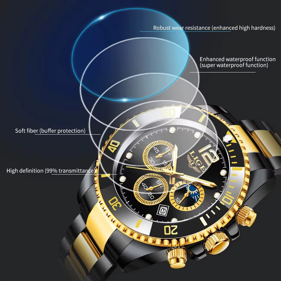 LIGE Armbanduhr Chronograph, Edelstahl, Schwarz, Quarz, Herren - Bild 5