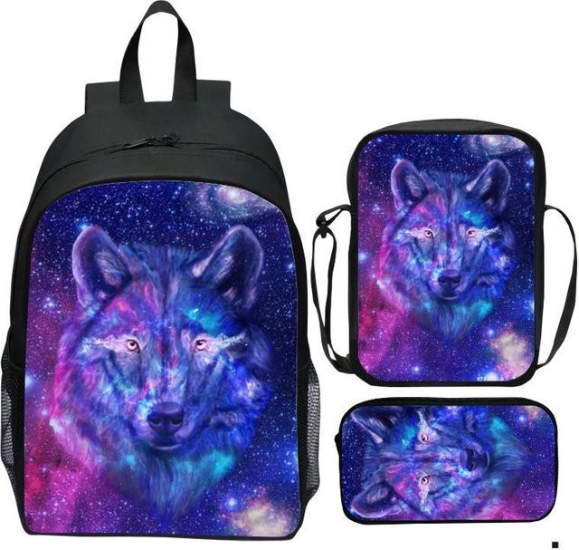 Fancy Style Studio Cartoon-Wolf Set aus Nylon mit Rucksack, Umhängetasche und Federmäppchen in Multicolour - Bild 1