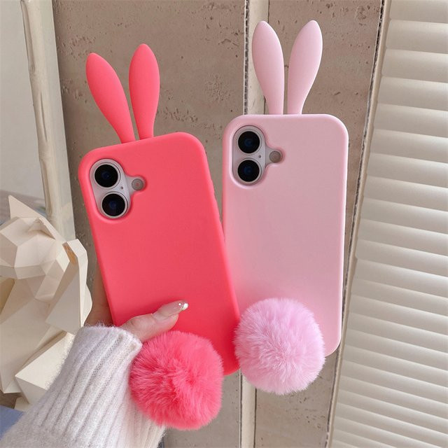 MUQGEW 3D-Cartoon-Kaninchen-Plüsch-Handyhülle für iPhone 17 16 15 14 13 Pro Max in Pink, weiche und stoßfeste Silikonhülle mit Haarball-Design - Bild 1