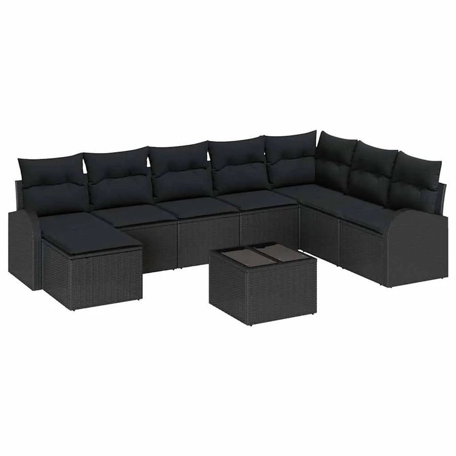 vidaXL Garten-Sofa-Set aus Polyrattan in Schwarz mit 9 Teilen, L-Form mit Eckelementen, Ottoman und Couchtisch sowie UV-beständigen Kissen - Bild 2