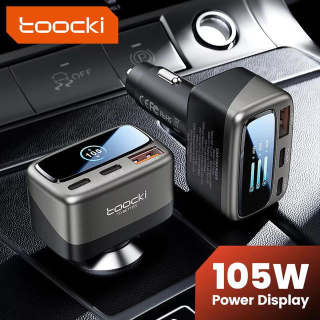 Toocki 105 W 3-in-1 Autoladegerät mit TFT-Display, PD45W und PPS Schnellladung, USB-C, Schwarz - Bild 1