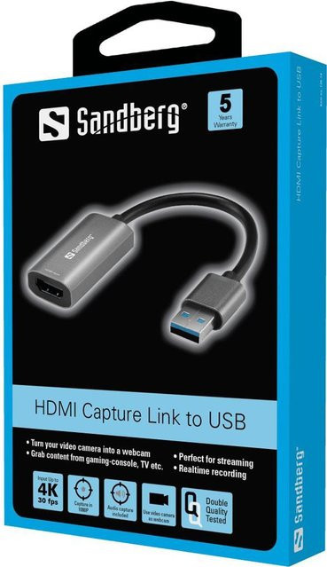 Sandberg Videoschnittstellen-Converter HDMI auf USB A in Anthrazit/Grau mit 4K Unterstützung - Bild 1